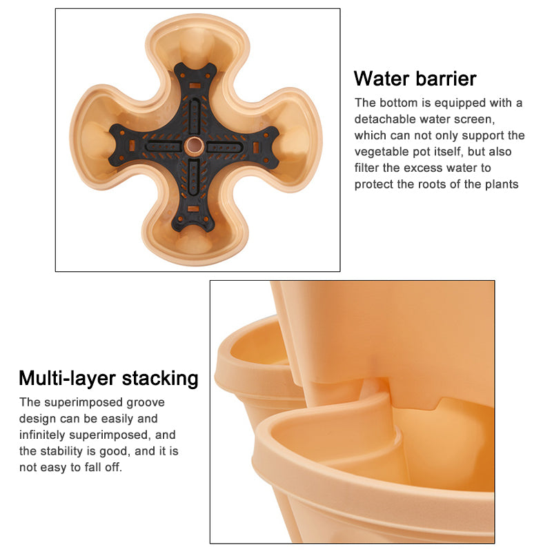 Stackable vertical flower pot in tan plastic with multi-layer cups and center cross-base