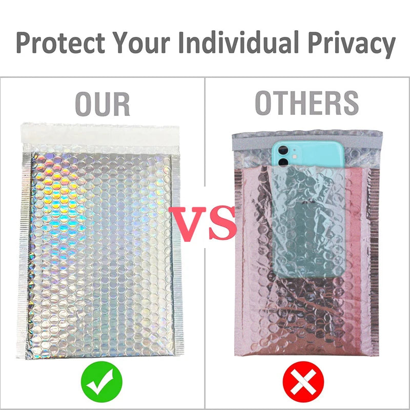 Holographic bubble mailer with phone inside privacy comparison graphic