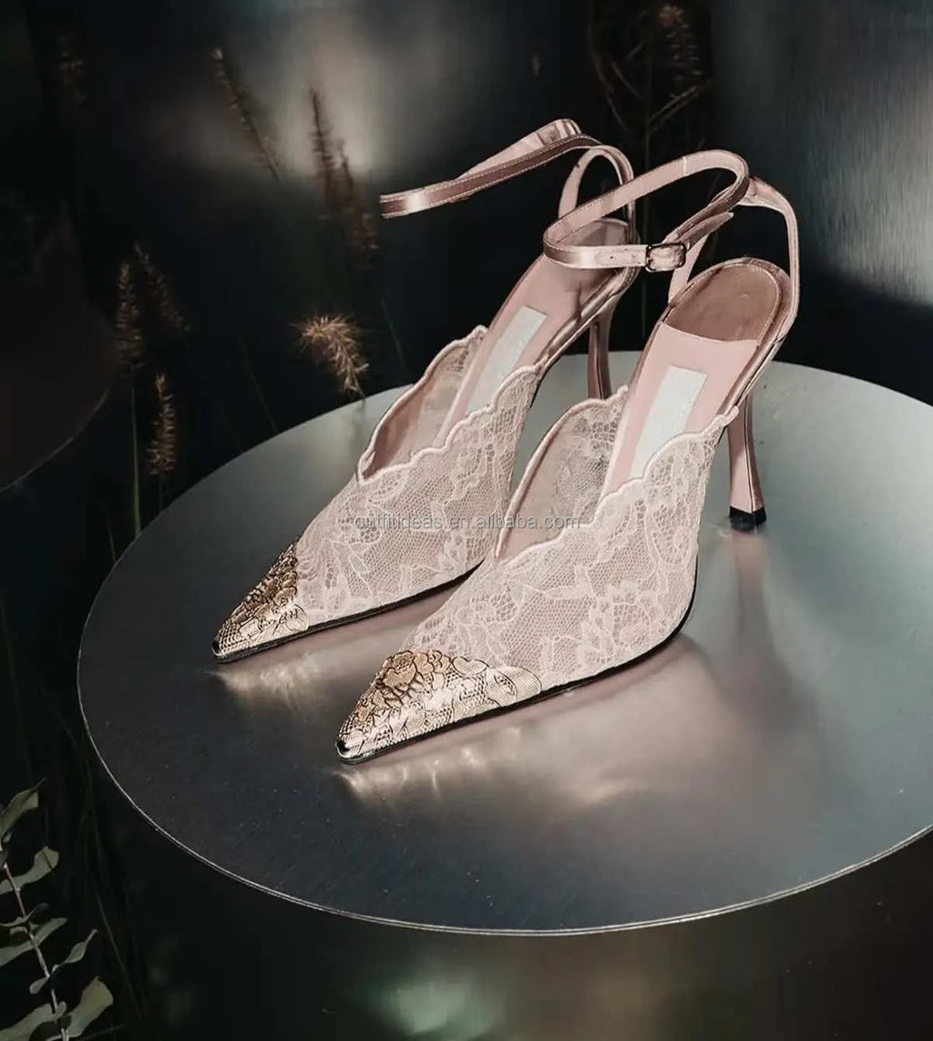 Metal Lace Embroidered Wedding Sexy Heels 100mm Lace Ankle Strap Black Strappy Sandal Sparkly Stiletto Prom Shoes Lace Pumps