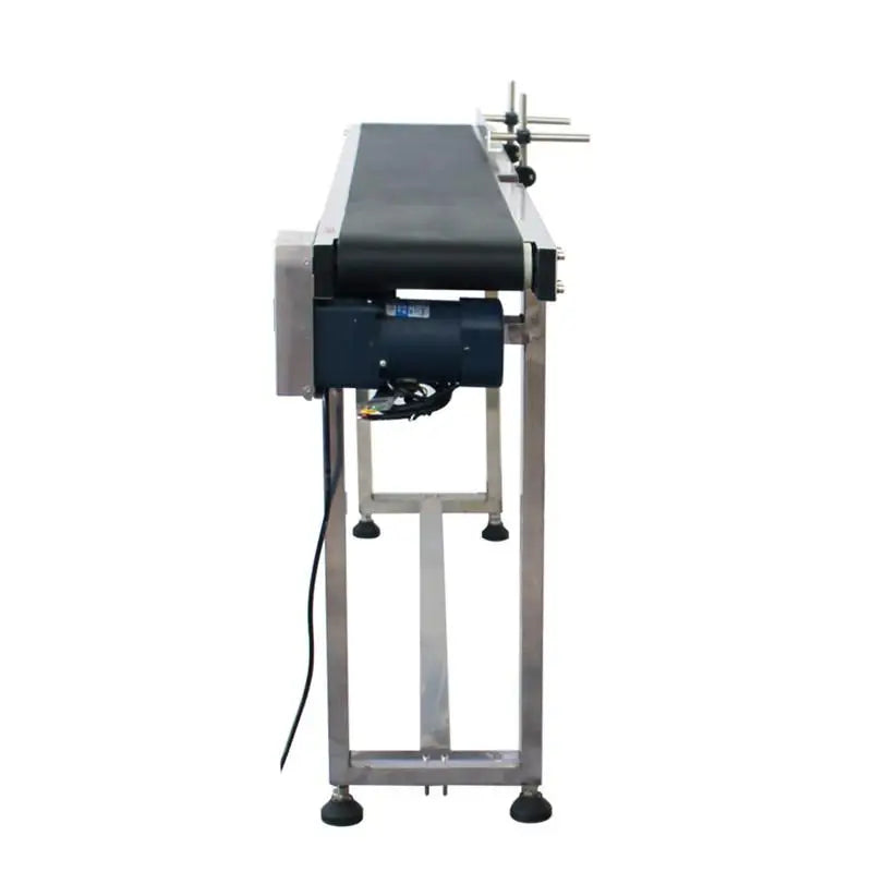 Height-adjustable conveyor belt machine side view with motorized belt drive housing