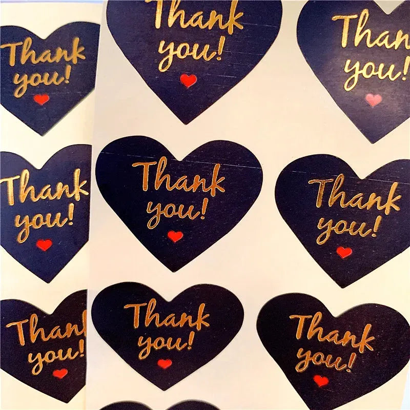 Dark navy thank you heart adhesive seal stickers sheet, close-up