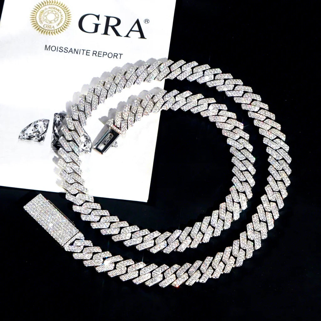 VVS Diamond 2rows 8mm 10mm 12mm 15mm S925 Silver GRA Moissanite Necklace Mans Hiphop Cuban Link Chain for Fashion Jewelry