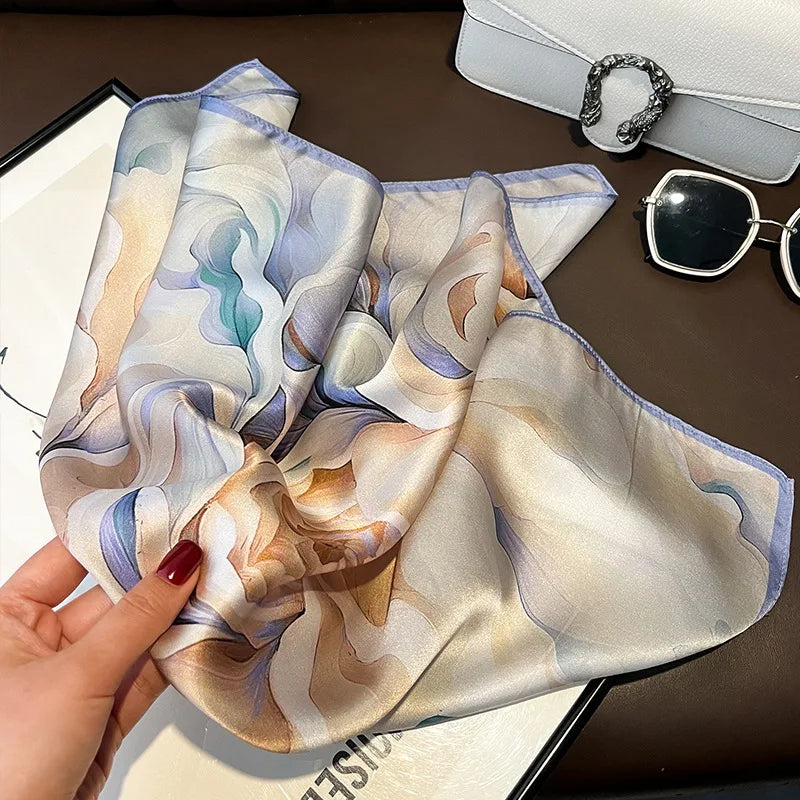 Women's Spring Autumn Mulberry Silk Square Scarf, Elegant Geometric Print, Soft & Smooth Neck Scarf