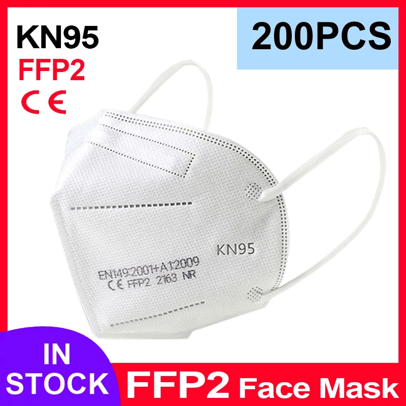 White 5-layer KN95 FFP2 face mask with textured fabric, ear loops, and CE certification imprint for adult protection.