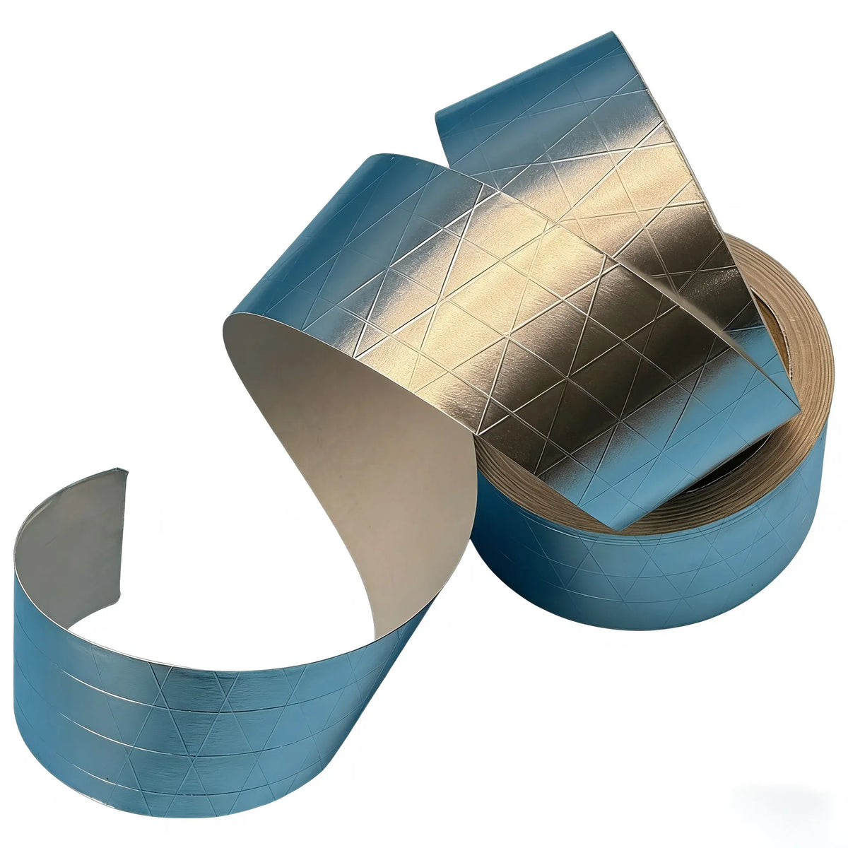 20mm heat-resistant foil tape with silver top and blue backing, rolled and cut strip