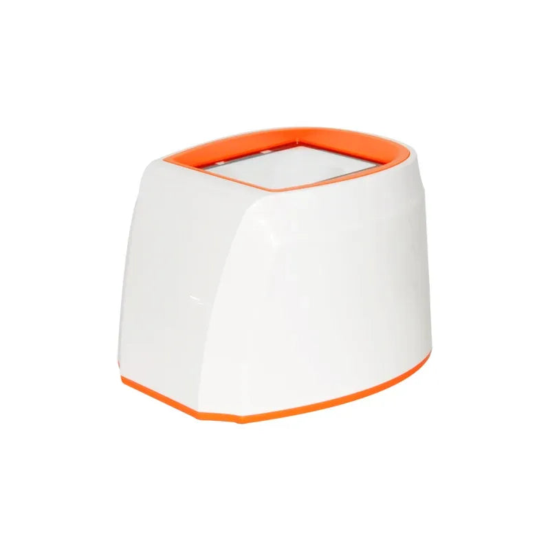 White-and-orange desktop 2D barcode scanner platform, angled front view