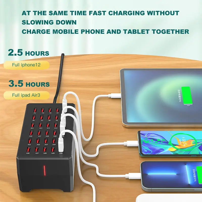 30-Port Smart 150W USB Charging Station 5V2.4A Per Port Universal 100-240V for Office/ Home CE/FCC/RoHS Multifunction Chargers Tidesmit