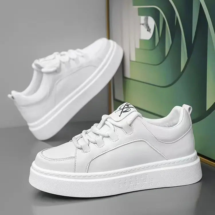 Luxury High-end Thick-soled Men's Shoes 2025 Spring New Model Artificial Pu Breathable Lace-up White Sneakers Popular Online
