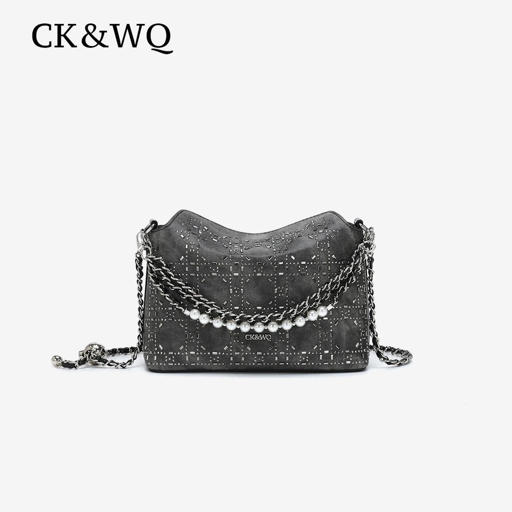 Luxury Rhinestone Grid Designer Bags Women Crossbody Bag Soft Denim Texture Adjustable Ball Chain Hobo Handbags for Party
