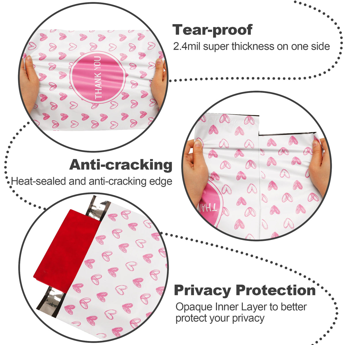Pink heart poly mailer bag close-up showing 'THANK YOU' seal and thick build
