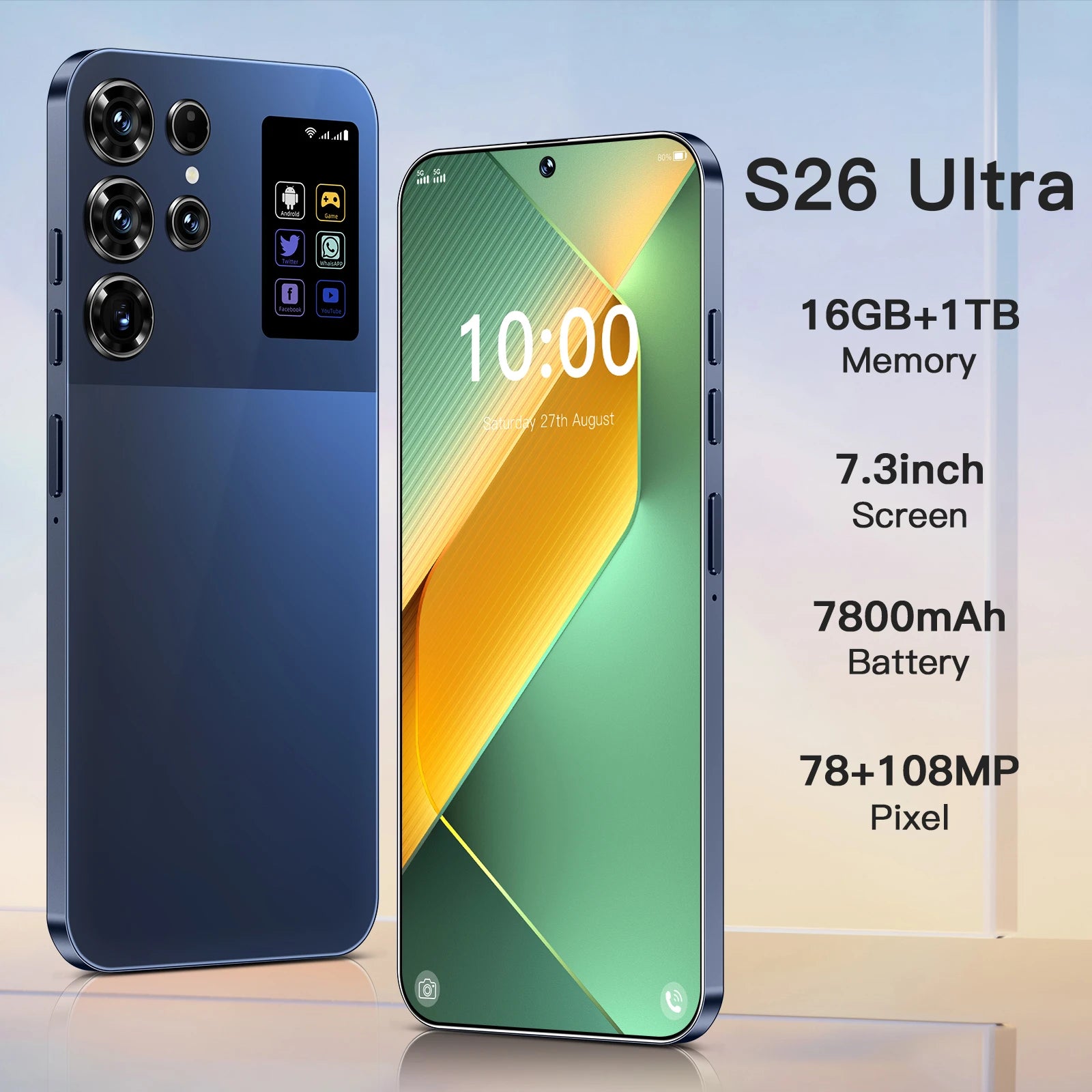 Android 5G Smartphone 7.3-inch Display 1TB Storage 16GB RAM Green Blue 16g 1TB Tidesmit