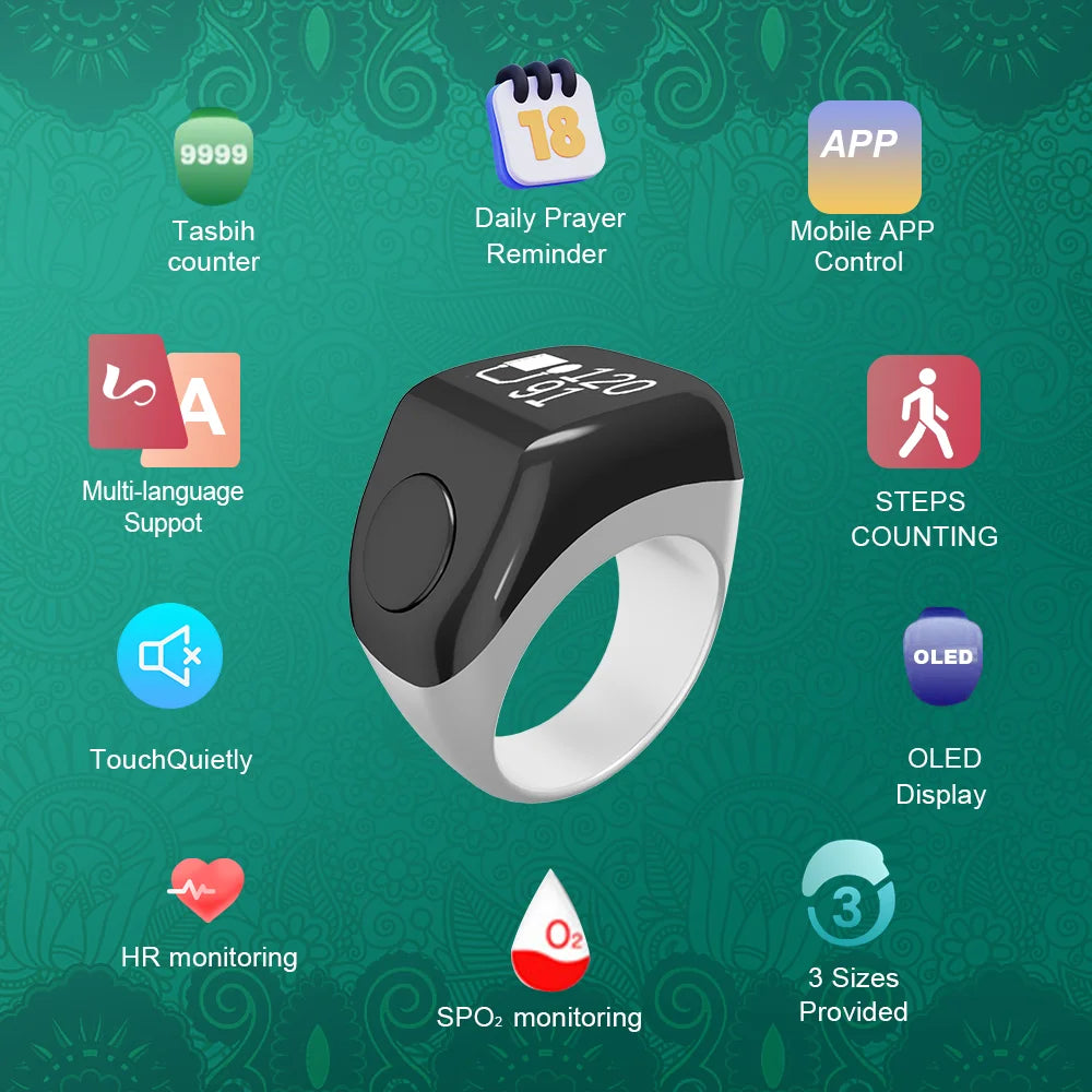 2024 New Multifunctional Products Muslim Smart Rings Counter Function Heart Rate Steps BT Smart Zikr Ring Smart Ring Wireless Tidesmit
