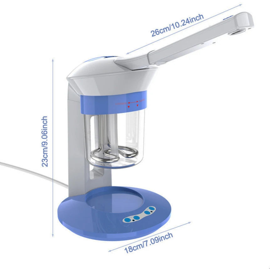 Professional facial thermal water steamer with dimensions, nano mist sprayer and heating element, blue and white design.