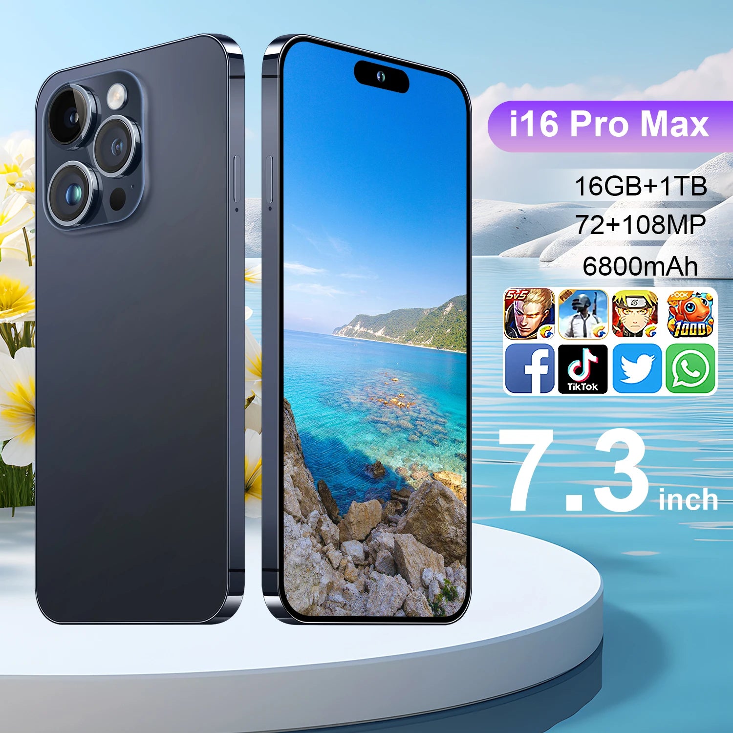 I16 Pro Max 5G smartphone with 6.7 inch 120Hz display 16GB RAM and 1TB storage, side view, 4th gallery image