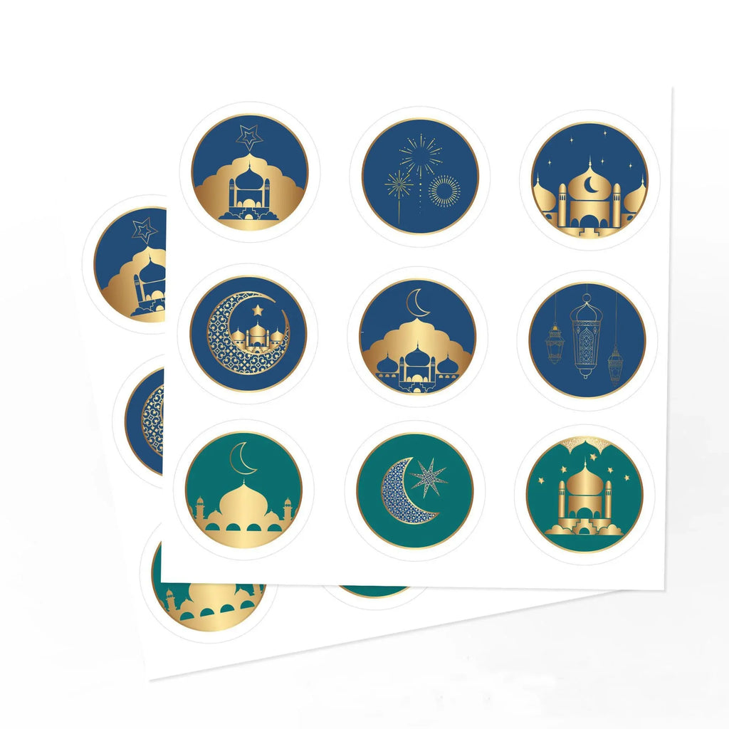 Blue and gold round Ramadan sticker sheet with mosque, moon, and stars