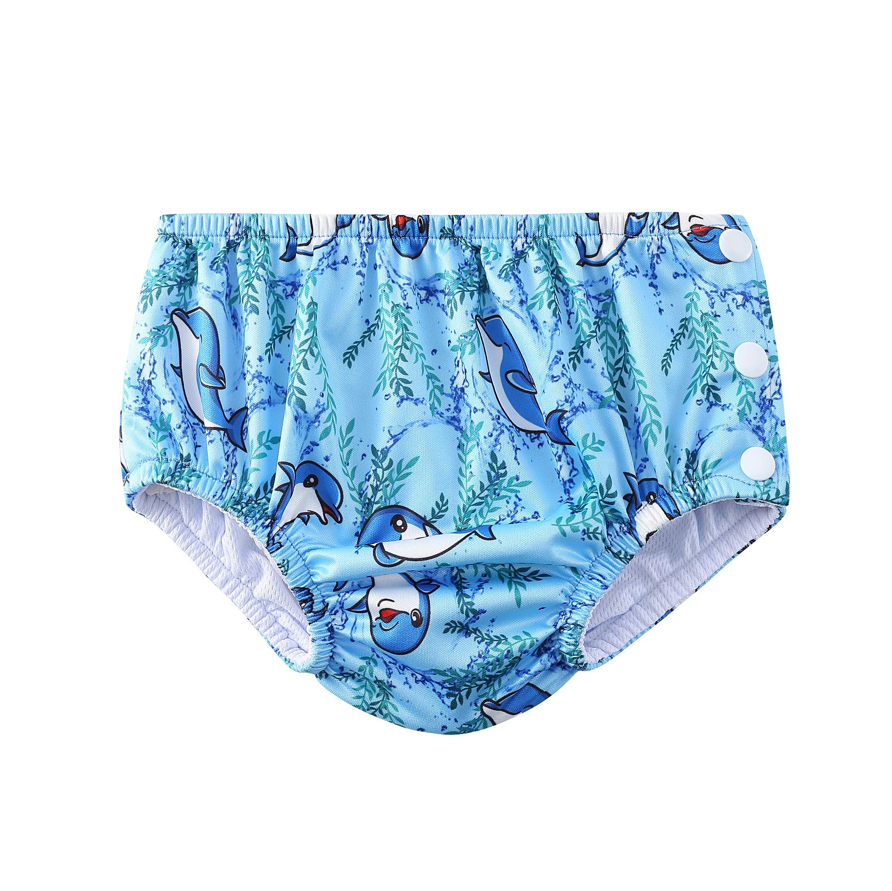 Reusable baby swim diaper in blue with dolphin print and side snap buttons for adjustable fit.