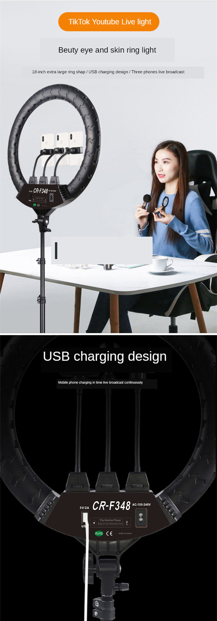 18-inch black circular LED ring light on a tripod stand with three phone mounts for live streaming and content creation.