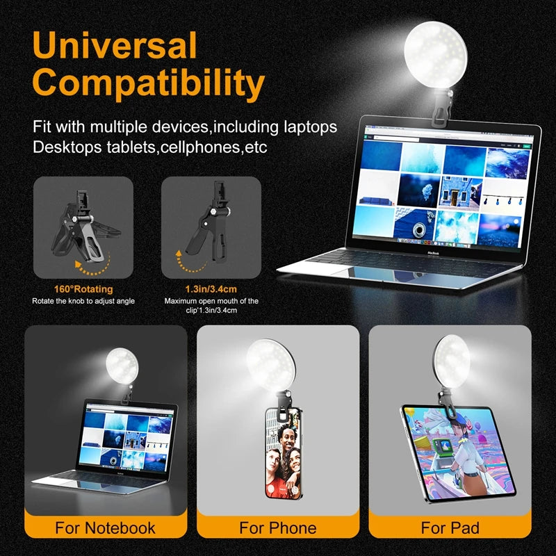 Rechargeable Cell Phone Ring Light Portable LED Mini Selfie Ring Light with Clip for Laptop Video Conference Live Streaming Tidesmit