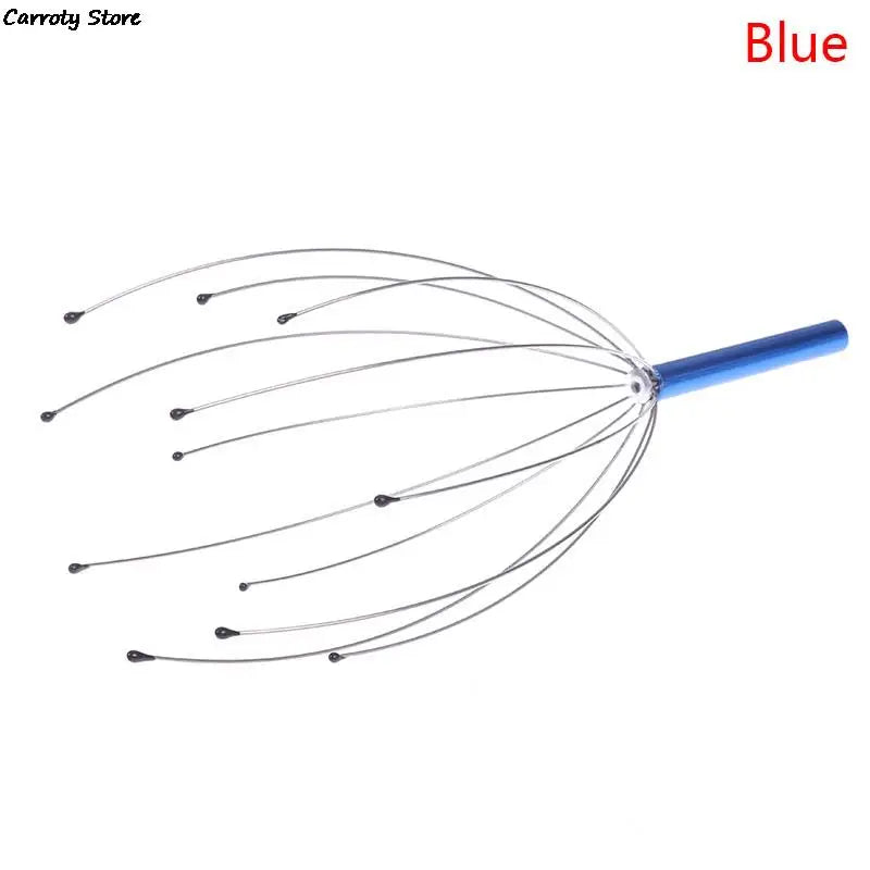 Blue octopus scalp massager with metal wire prongs for headache relief, stress reduction, and stimulating circulation.