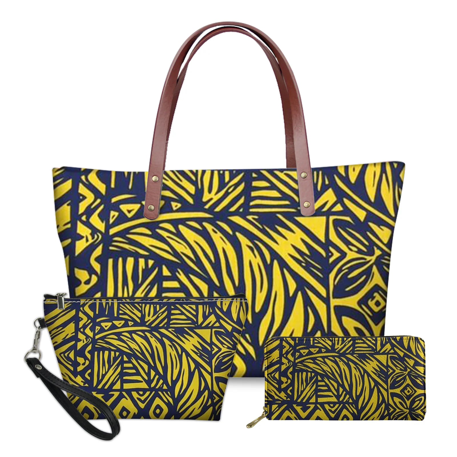 3-piece yellow and navy blue Polynesian tribal print handbag set with brown straps and matching wristlet and wallet.