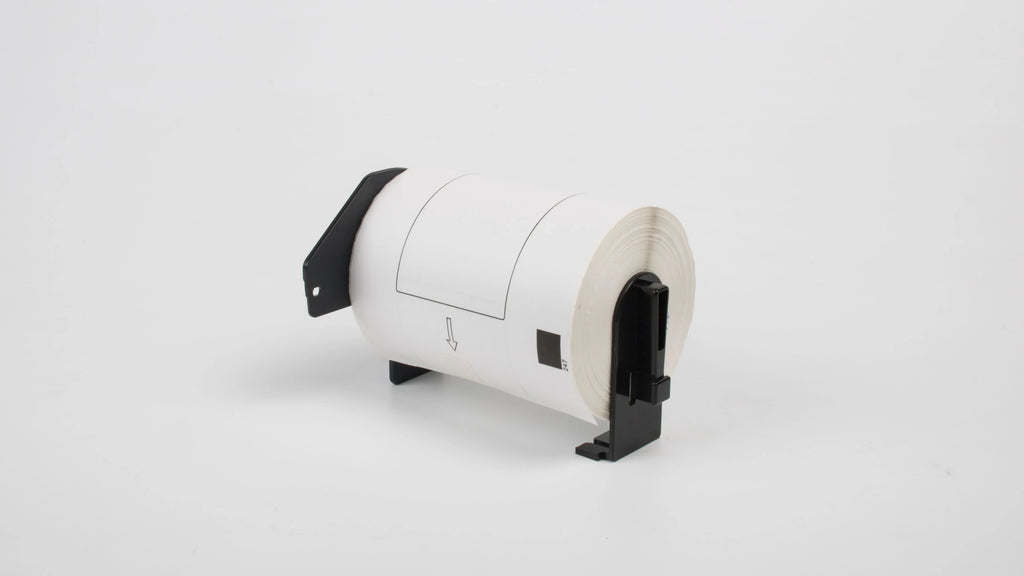 Blank direct thermal label roll cartridge, white label stock and black dispenser