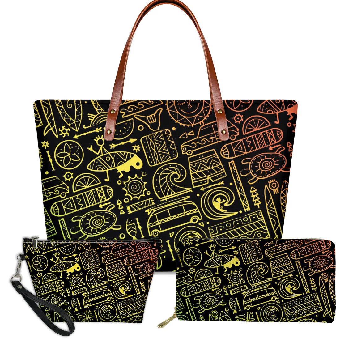 3pc handbag set with Polynesian tribal turtle, surfboard, and trunk print in yellow-to-orange gradient on black.