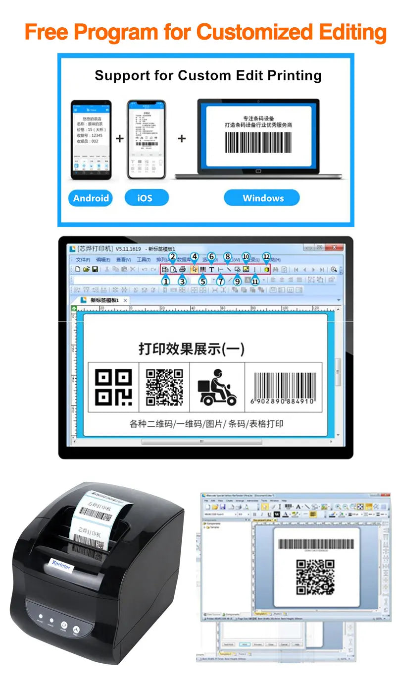 Thermal label printer with software setup showing editing on phone and Windows