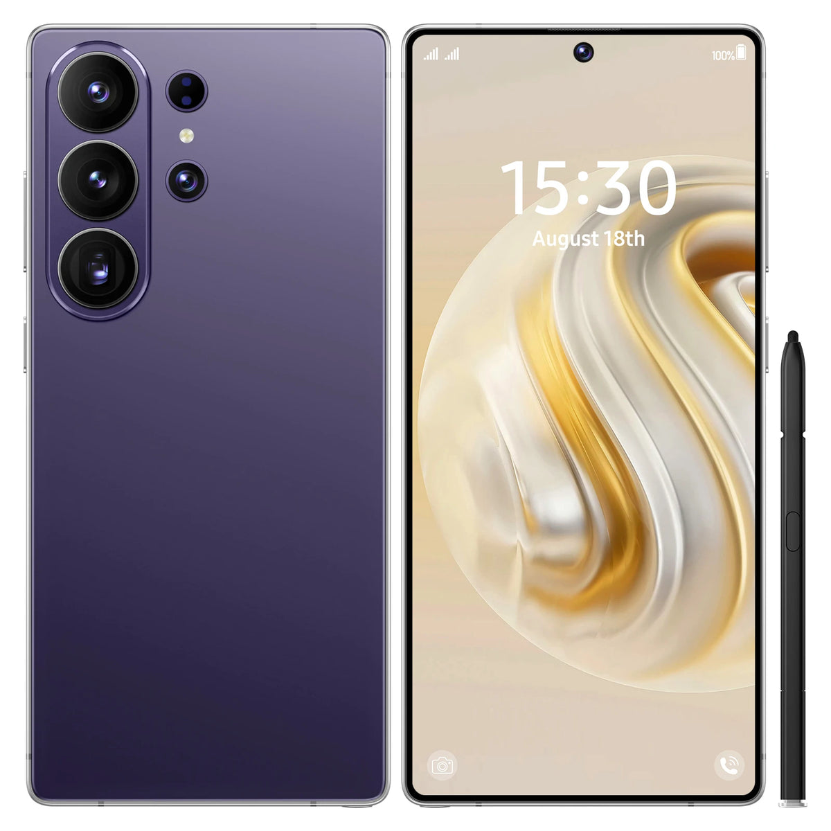 Purple S26 Ultra 5G smartphone front and back with triple rear cameras and stylus