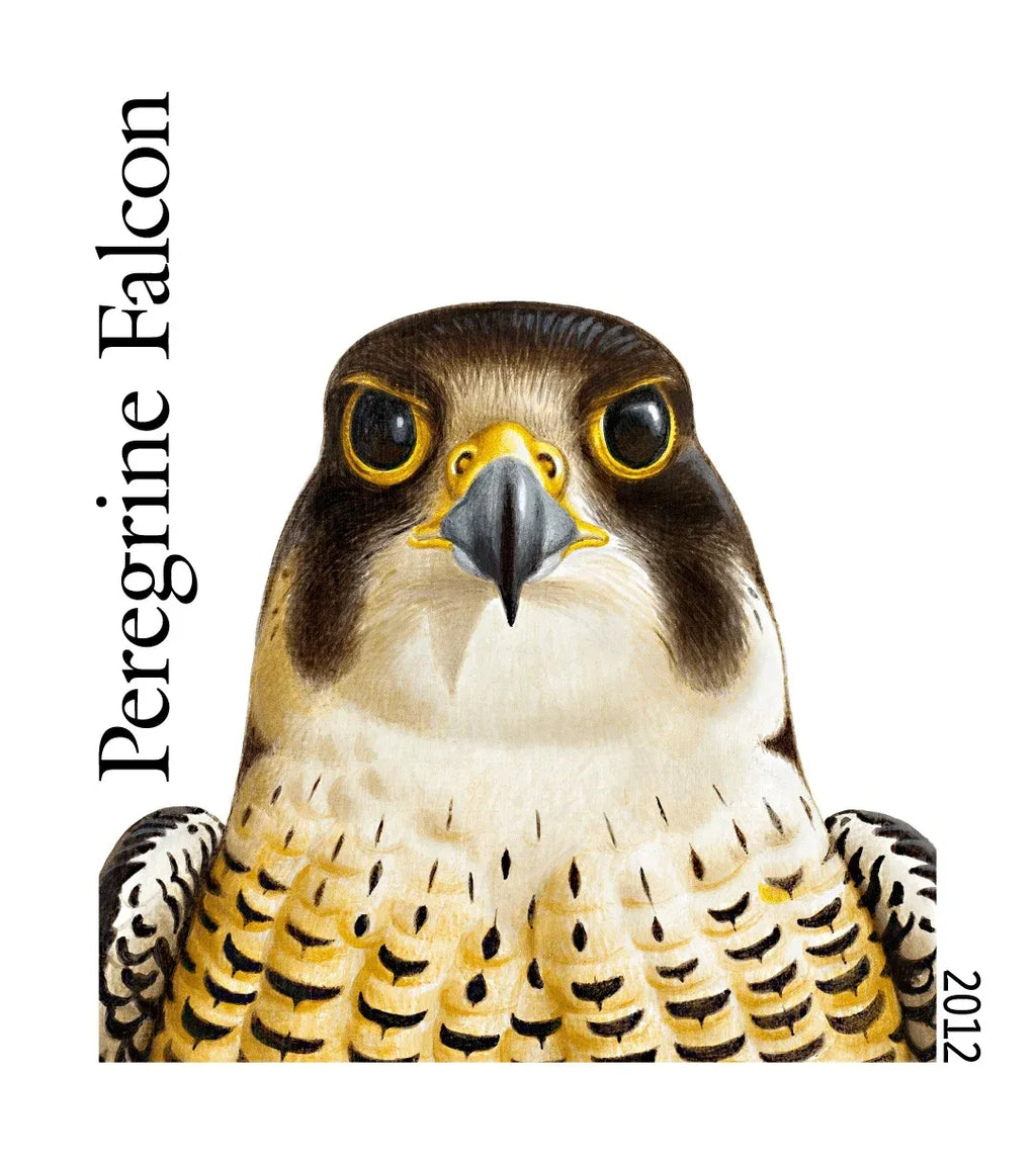 Self-adhesive Peregrine Falcon bird stamp portrait with vertical name text
