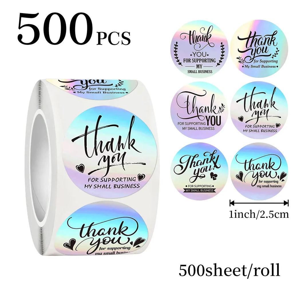 Round holographic thank-you label stickers set, 500 pcs per roll with size marker