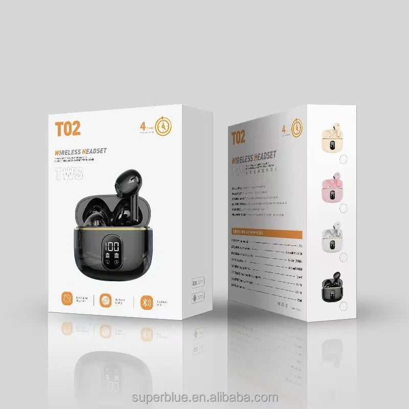 JL Chipset Over-Ear Waterproof TWS Earbuds T02 BT5.3 Wireless In-Ear Headphones for Sports & Gaming with LED Battery Indicator Tidesmit