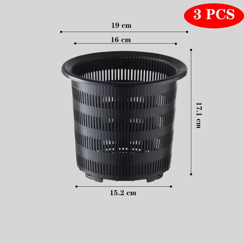 Black plastic mesh hydroponics net cup, 3-pack, 15.2cm wide and 11.1cm tall