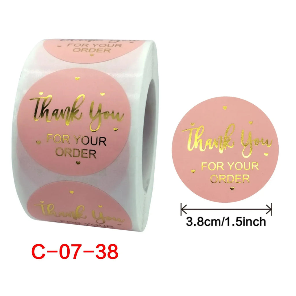 Pink round “Thank you for your order” sticker, gold text, 3.8cm size shown