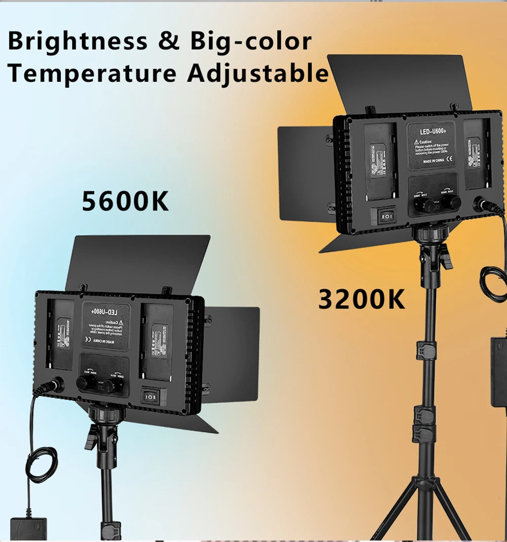 Two black rectangular LED video lights with adjustable barn doors on tripod stands, showing 3200K and 5600K settings.