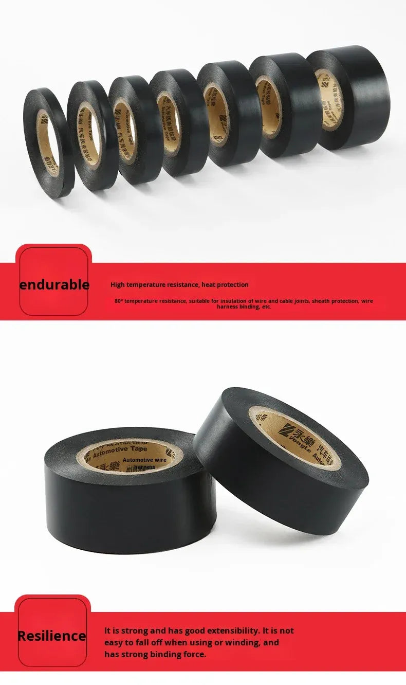 Black electrical tape rolls, one roll angled with tan liner visible