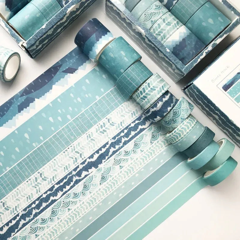 Blue and teal washi tape rolls set with geometric and wave patterns, single-sided