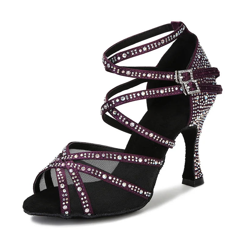Brown 7.5cm Salsa Latin Dance Shoes Strap Salsa Satin Dance Sandals Tango Cha Cha Ballroom Practices Dancing Heels for Women