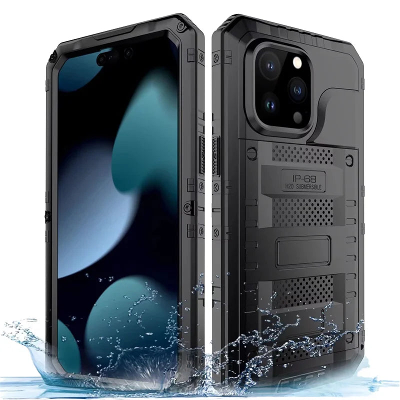 Heavy Duty Kickstand IP68 Screen Protector Covers Waterproof Metal Case for iPhone 16e 16 15 14 13 12 11 Pro Max XS XR Pro 7 8 + Tidesmit