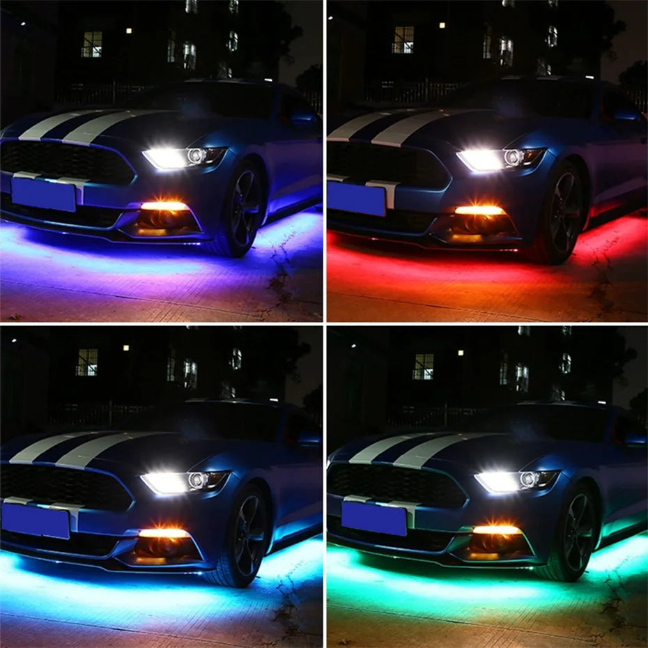 LED car underglow light kit installed on a blue car, showing various color options illuminated at night.