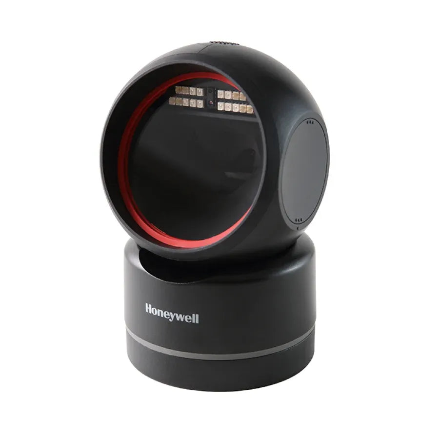 Black Honeywell area-imaging USB barcode scanner on base with red scan ring
