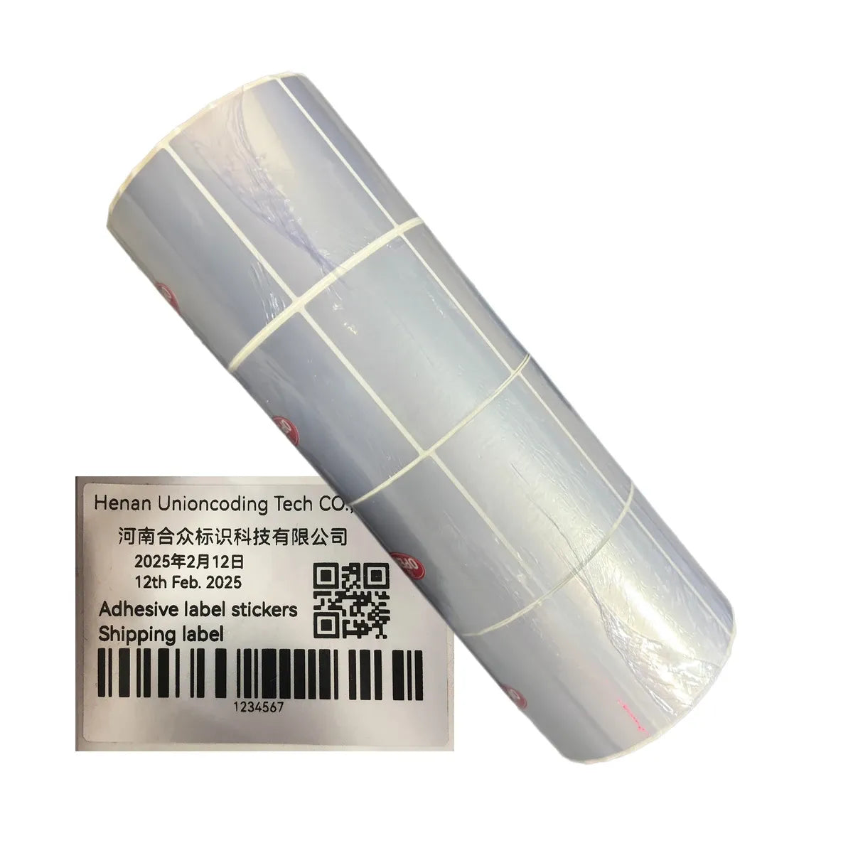 Matte silver label sticker roll with barcode-style label sample