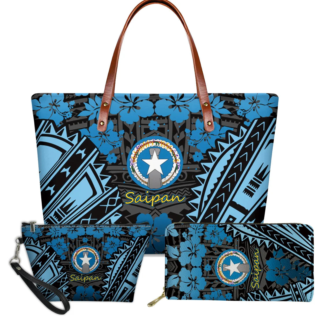 3-piece blue Polynesian tribal floral handbag set with Saipan flag emblem, leather straps, and matching wallet/clutch.