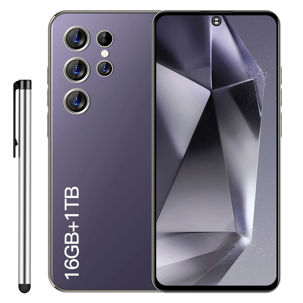 Purple Android smartphone with quad rear cameras and side stylus