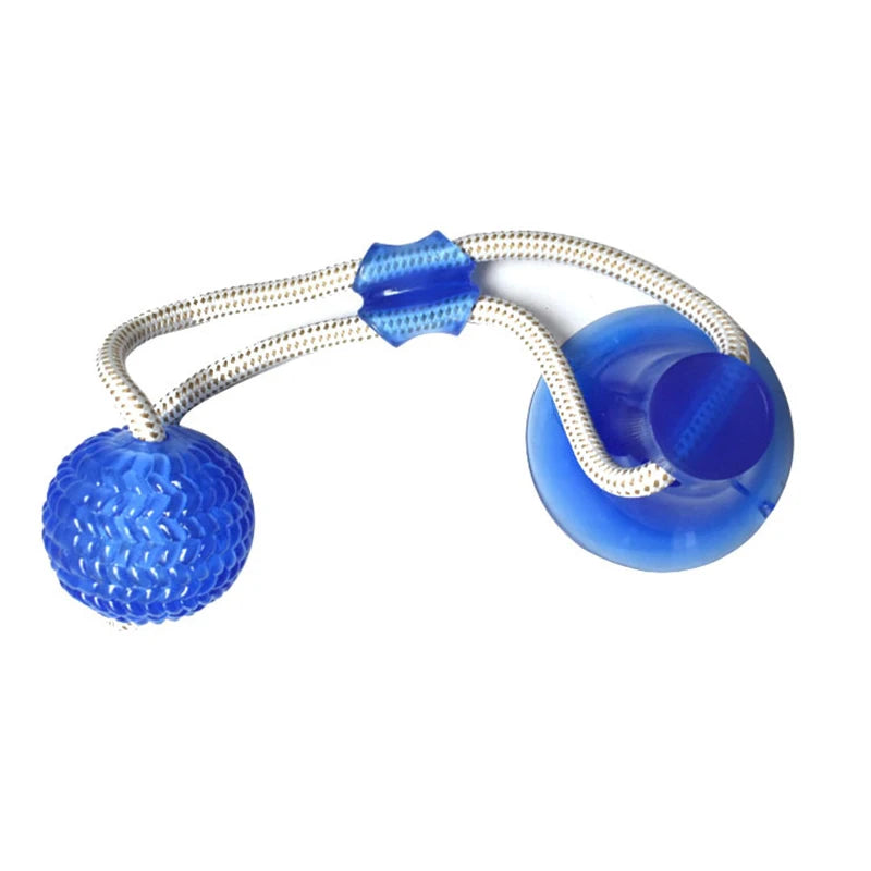 Blue TPR suction cup dog toy with chew ball and rope for interactive teeth cleaning and tug-of-war play.