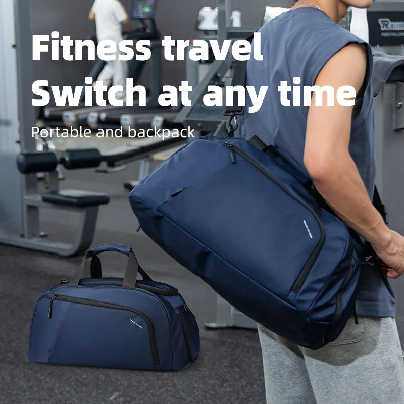 Navy blue Mark Ryden waterproof gym trunk with shoulder strap, side shoe compartment, and sleek modern travel design.