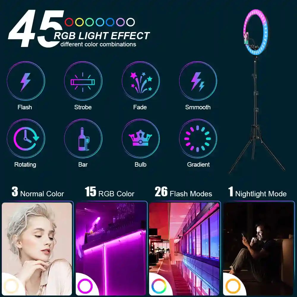 18 Inch RGB Ring Light with Tripod Stand - Professional LED Lighting Tidesmit