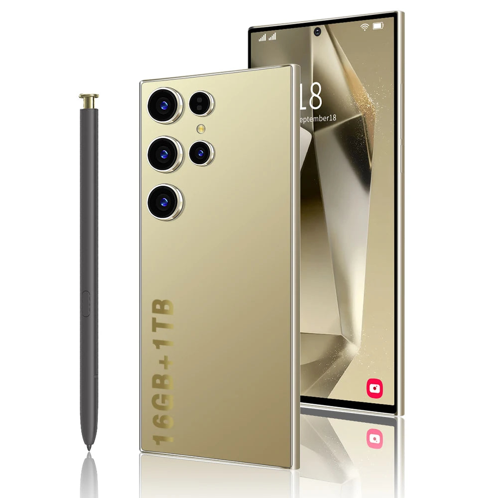 Gold 5G smartphone with quad cameras and stylus, front and back shown