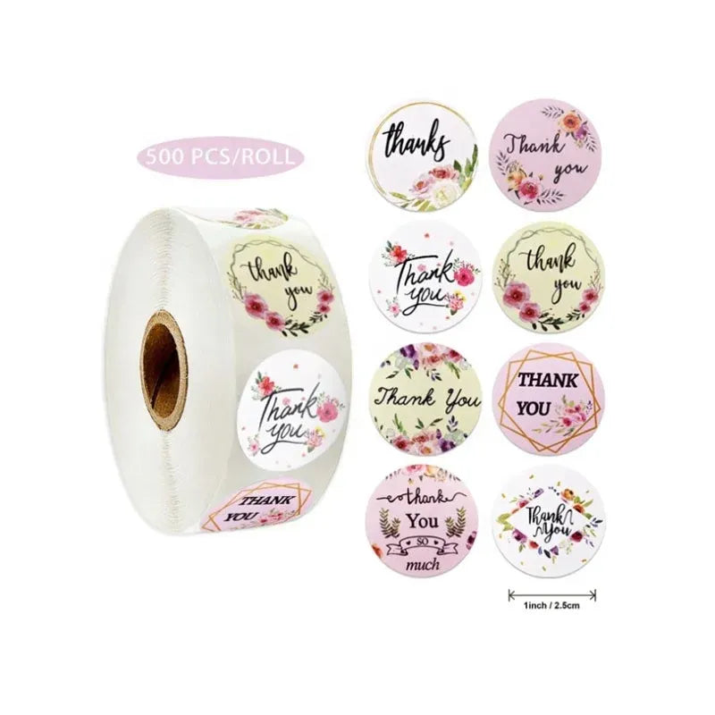 Waterproof thank you flower stickers on roll, round floral designs in a 500 pcs/roll pack