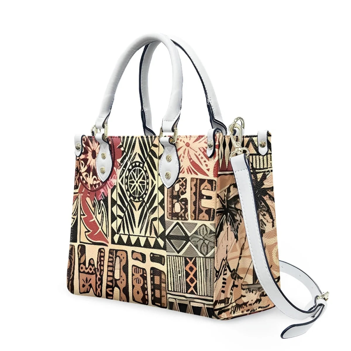 Large luxury leather handbag with white straps and Polynesian Samoan tribal floral print in warm earthy tones.