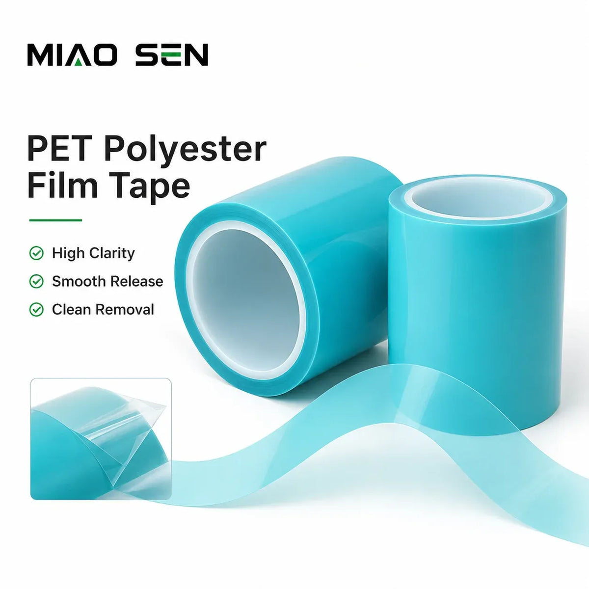 Blue PET film adhesive tape roll pair with clean-release liner and smooth release edge